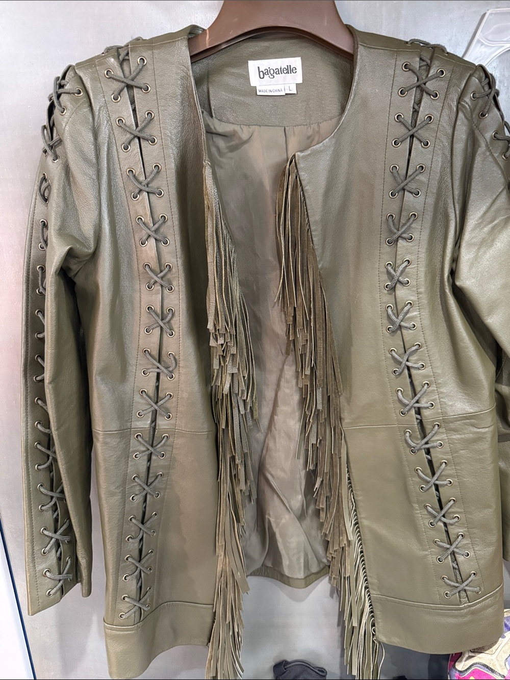 bagatelle Olive Lace-Up Fringe Leather Jacket